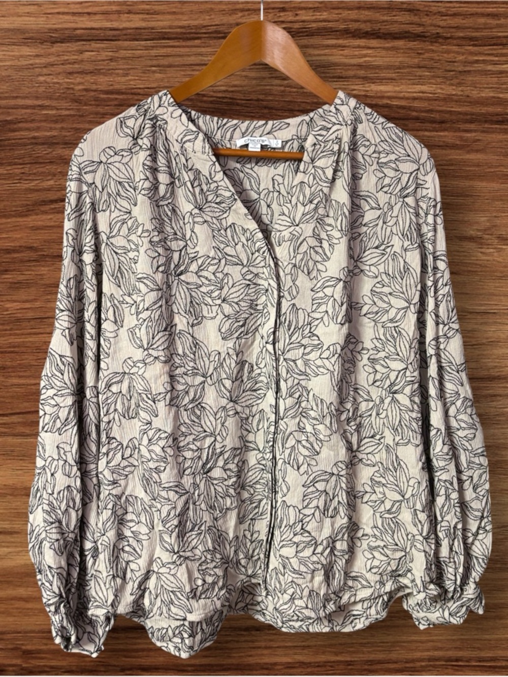 Chico's Balloon Sleeve Button-Down Blouse With Black Floral Line Art Designs